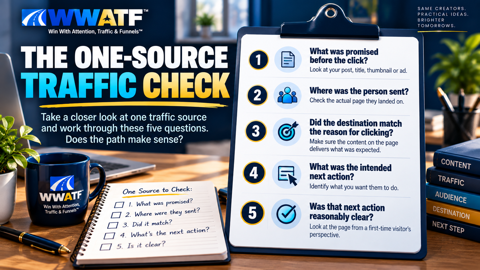 The five-question One-Source Traffic Check for inspecting the promise, destination, match and next step.